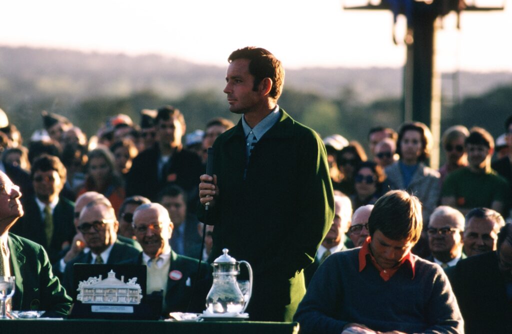 Bruce Crampton speaks at the presentation as the first runner-up during the 1972 Masters Tournament