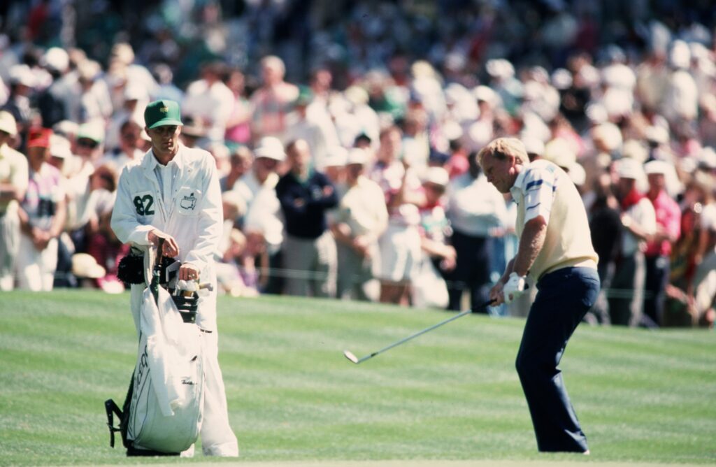 Masters Champion Jack Nicklaus chips during the 1990 Masters Tournament at Augusta National