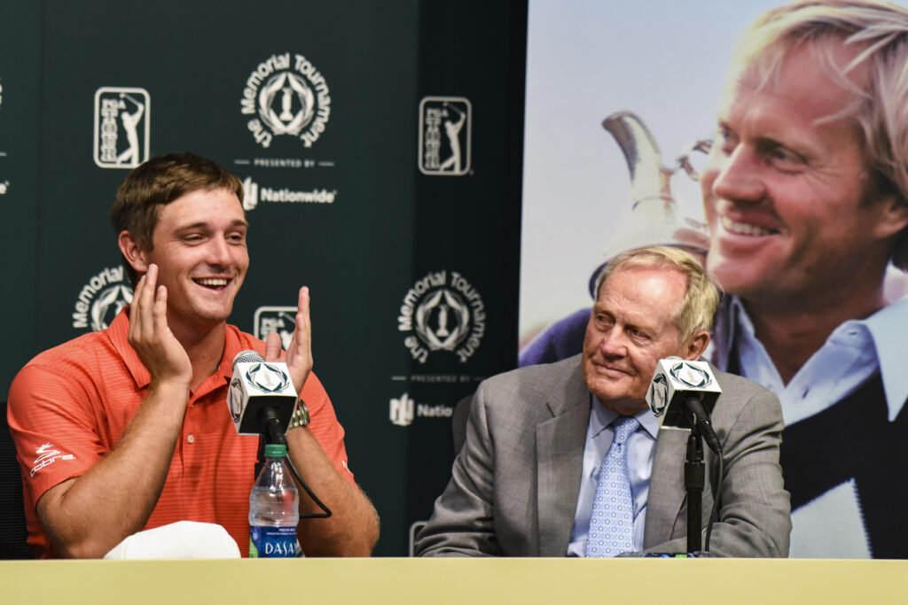 Bryson DeChambeau during a press conference with tournament host Jack Nicklaus after the Memorial Tournament