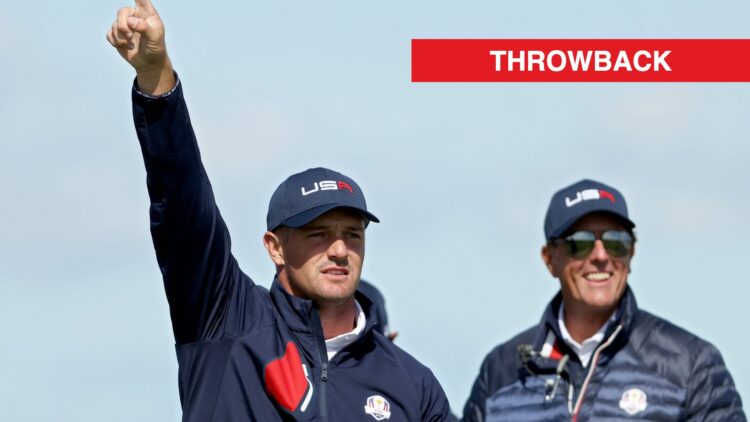 Phil Mickelson watches on after Bryson DeChambeau hits a tee shot at the 2021 Ryder Cup