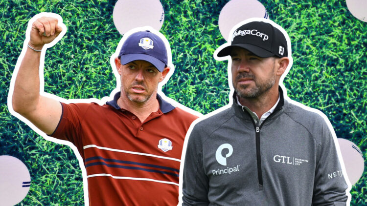 Rory McIlroy and Brian Harman with golf balls and grass behind them.