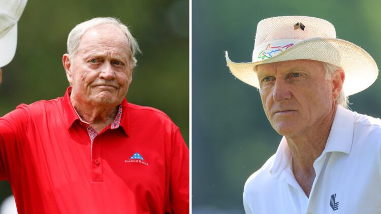 Jack Nicklaus at The Insperity Invitational in 2025 / Greg Norman watches The Masters in 2024