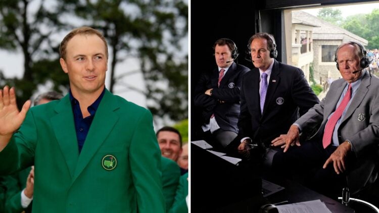 Jordan Spieth poses with the green jacket after winning the 2015 Masters Tournament / Jack Nicklaus Visits the CBS broadcast set with Nick Faldo an...