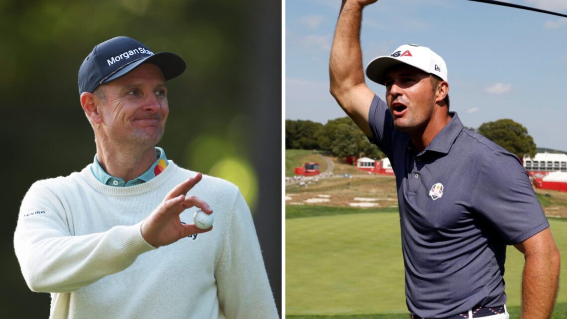 Justin Rose acknowledges the crowd during the third round of the BMW PGA Championship / Bryson DeChambeau interacts with the crowd during a practic...