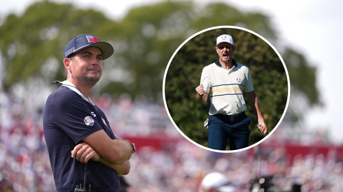Keegan Bradley during the Saturday afternoon session at the 2025 Ryder Cup, inset of Justin Rose