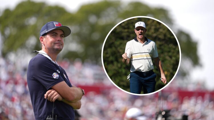 Keegan Bradley during the Saturday afternoon session at the 2025 Ryder Cup, inset of Justin Rose