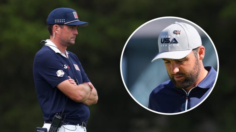 Keegan Bradley on day two at the Ryder Cup, inset of Scottie Scheffler