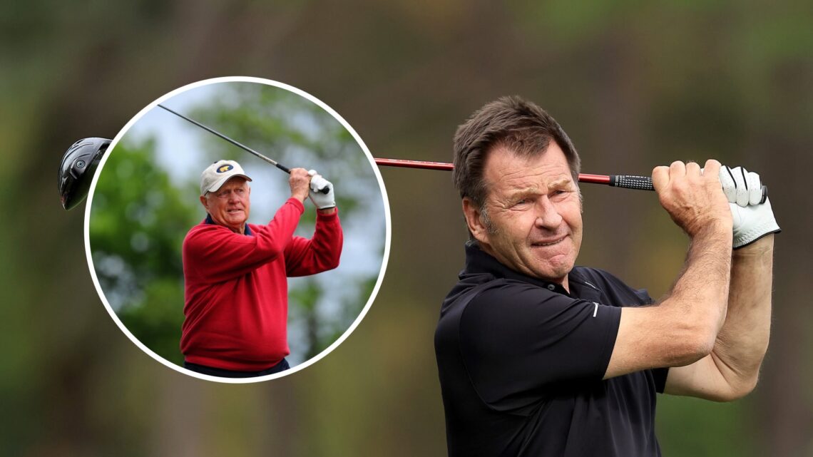 Nick Faldo in practice ahead of the PNC Championship, inset of Jack Nicklaus