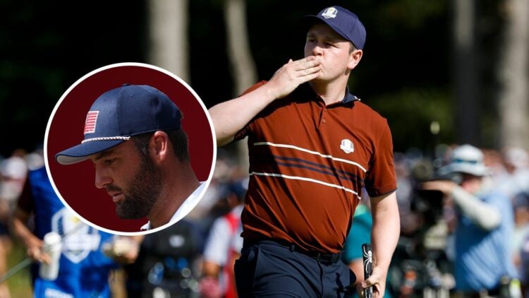 Robert MacIntyre during the Saturday morning session at the 2025 Ryder Cup, inset of Scottie Scheffler