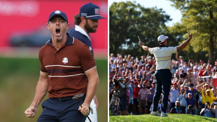 Split image of Rory McIlroy celebrating on Saturday afternoon and Sunday at the Ryder Cup