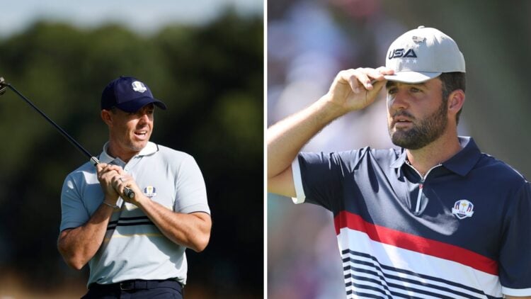 Split image of Rory McIlroy and Scottie Scheffler in action at the Ryder Cup