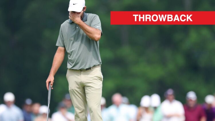 Scottie Scheffler reacts after missing a putt at the 2025 US Open, throwback label