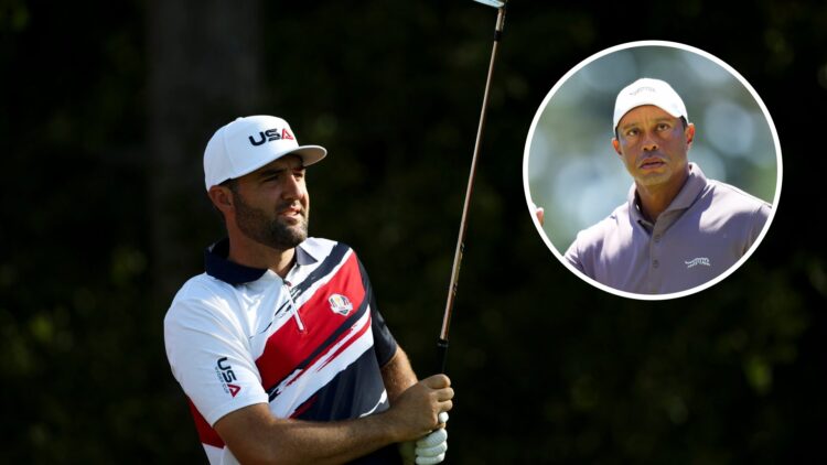 Scottie Scheffler hits a tee shot in a practice round ahead of the Ryder Cup at Bethpage / Tiger Woods acknowledges the crowd at the 2024 Masters