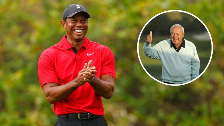 Arnold Palmer at the 2007 Masters / Tiger Woods of the United States smiles at the PNC Championship in 2023