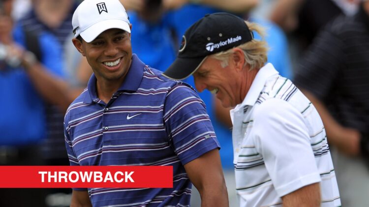 Tiger Woods and Greg Norman practice ahead of the 2011 Australian Open, throwback label added