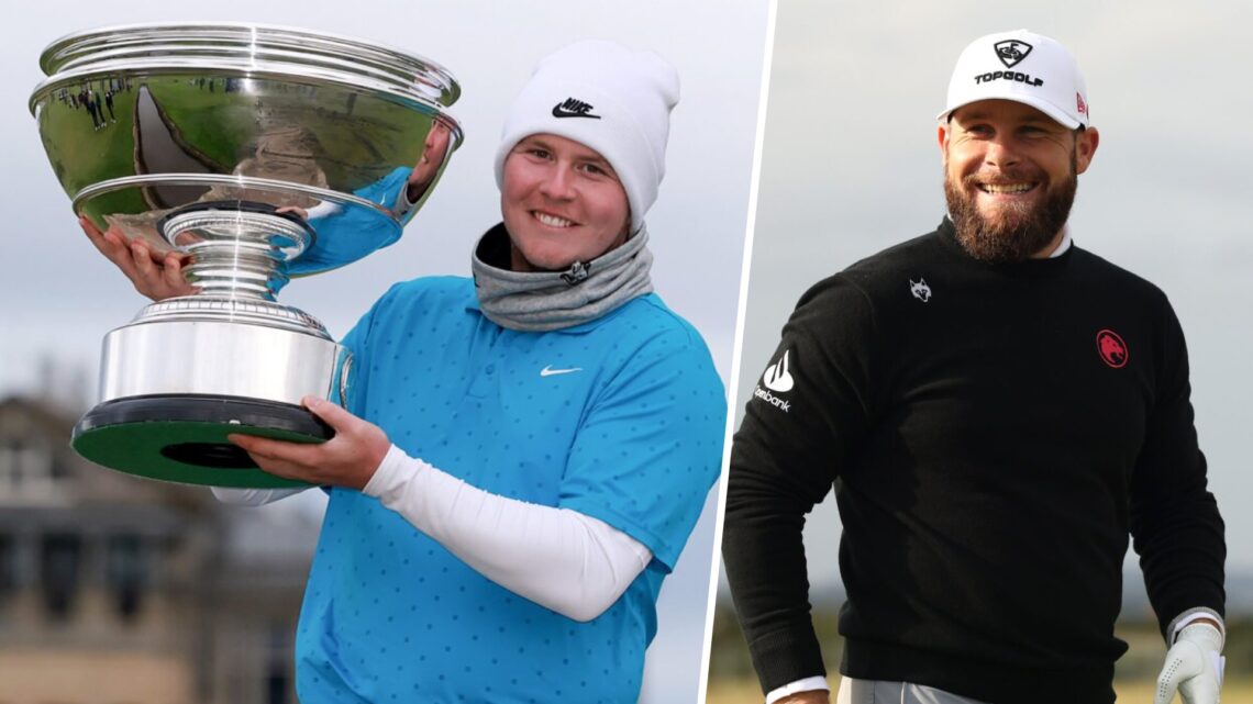 Tyrrell Hatton smiles at the Dunhill Links Championship 2025 (right), and Robert MacIntyre poses with the trophy after winning the Dunhill Links Ch...