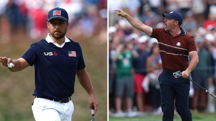 Xander Schauffele of Team United States acknowledges the crowd at the 2025 Ryder Cup / Rory McIlroy reacts to the crowd during his match on Saturda...
