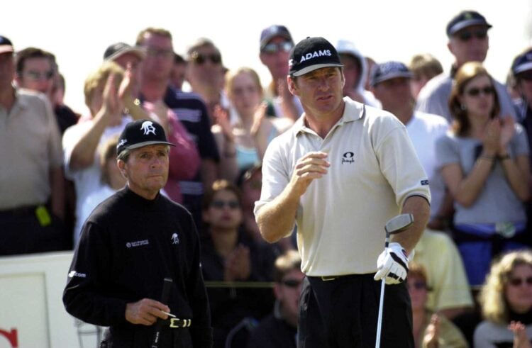 20 Jul 2000:  Nick Faldo of Great Britain with Gary Player on the fifth tee during the first round at the 2000 British Open golf Championships at t...