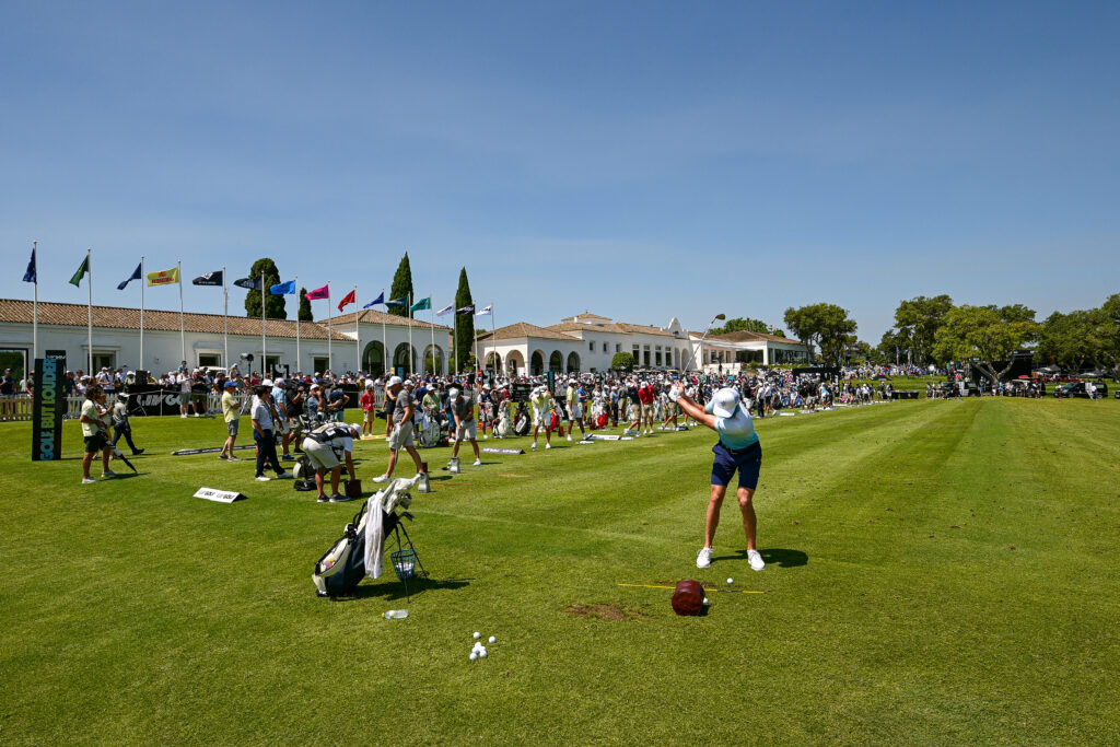 General view of the players on the driving range prior to LIV Golf Andalucia