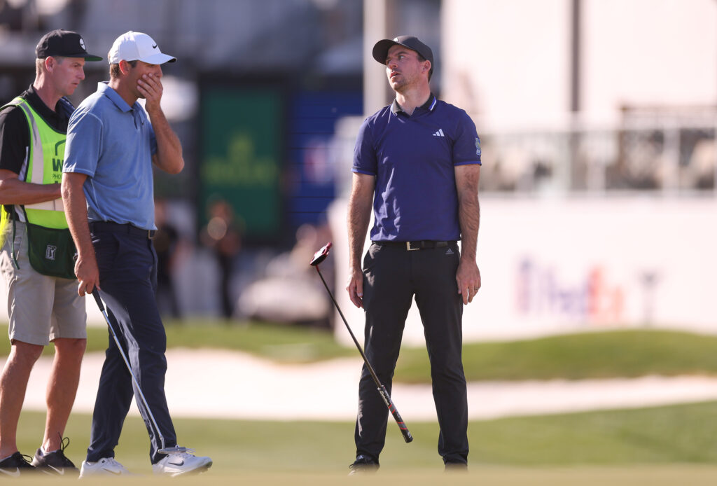 Nick Taylor reacts to missing a putt during the final round of the 2024 WM Phoenix Open