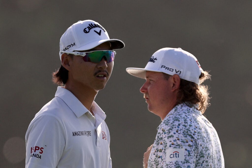 Min Woo Lee with Cameron Smith during the first round of the Australian Open at The Lakes Golf Club