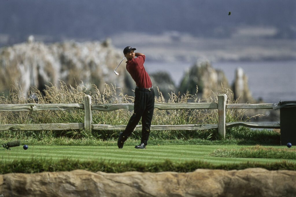 Tiger Woods hits a tee shot during the US Open at Pebble Beach