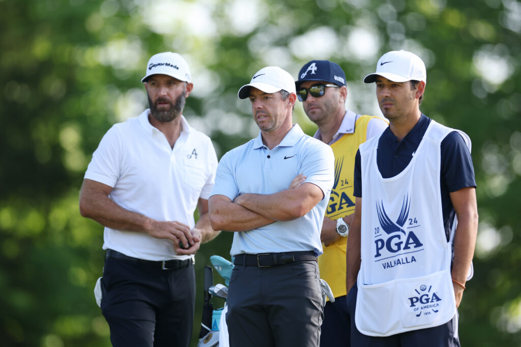 Dustin Johnson alongside Rory McIlroy during the first round of the 2024 PGA Championship at Valhalla