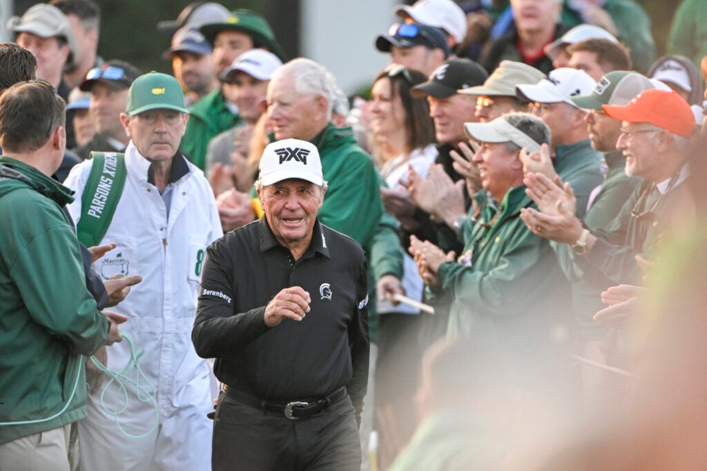Gary Player before hitting a ceremonial tee shot ahead of the first round of the Masters Tournament at Augusta National