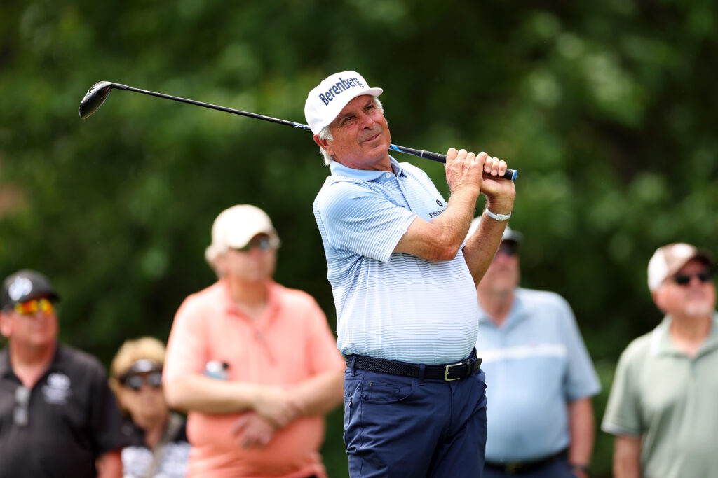 Fred Couples of the United States plays his shot on the fourth hole during the first round of the American Family Insurance Championship 2025