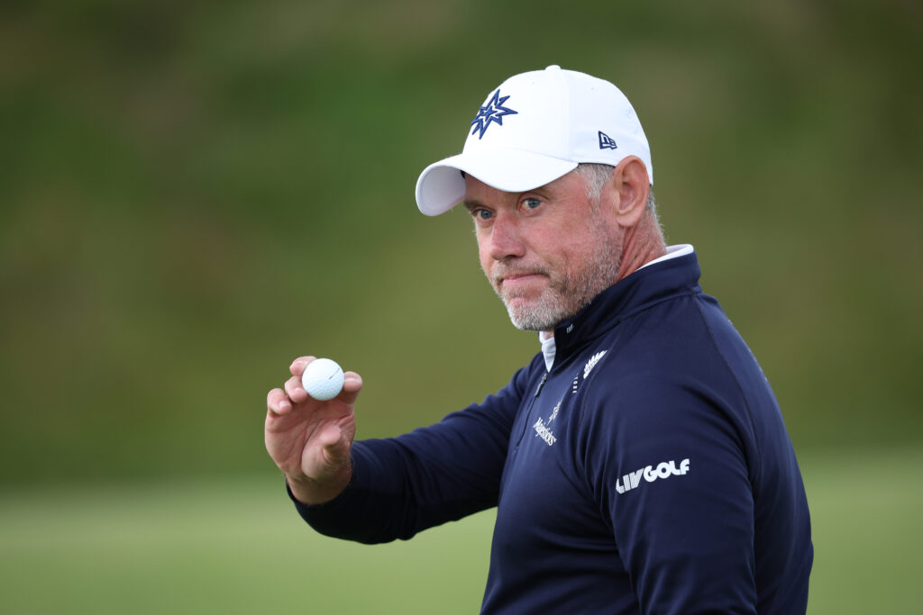 Lee Westwood of England acknowledges the crowd at Dundonald Links Golf Course 2025