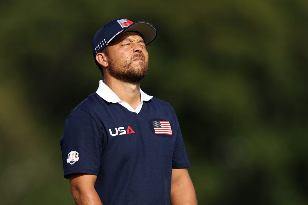 Xander Schauffele looks frustrated during the Saturday morning session at the 2025 Ryder Cup