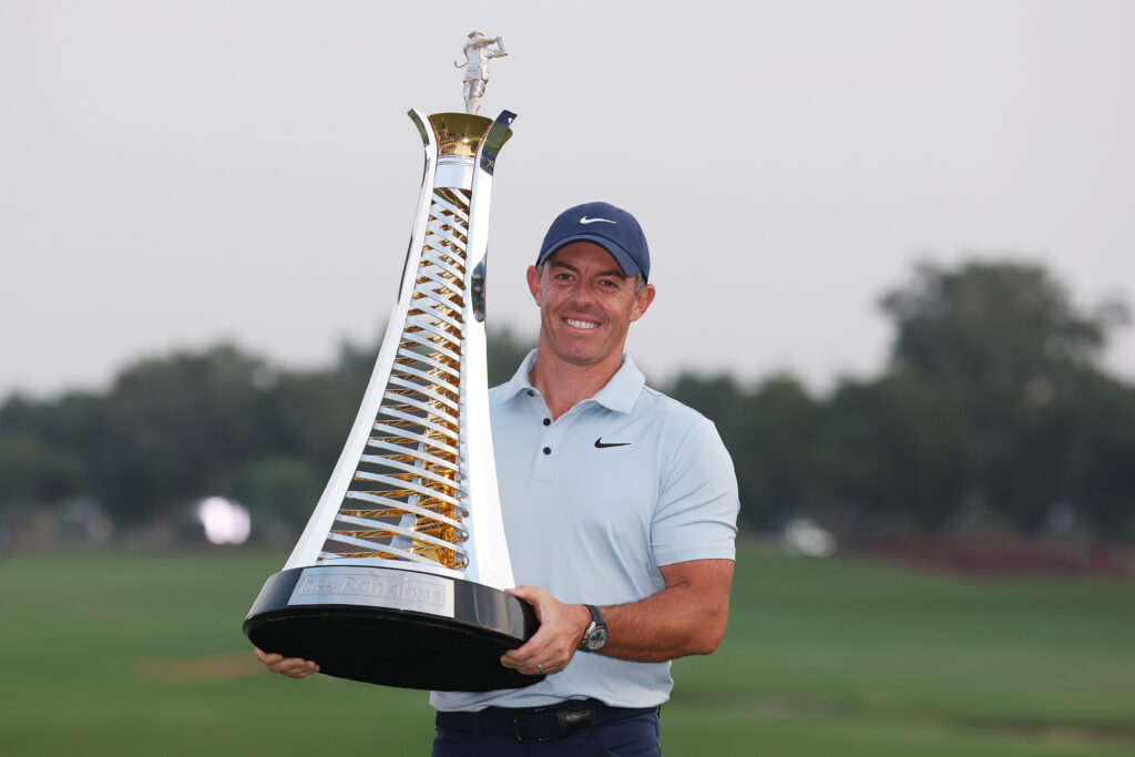 Rory McIlroy poses with the 2025 Race to Dubai title