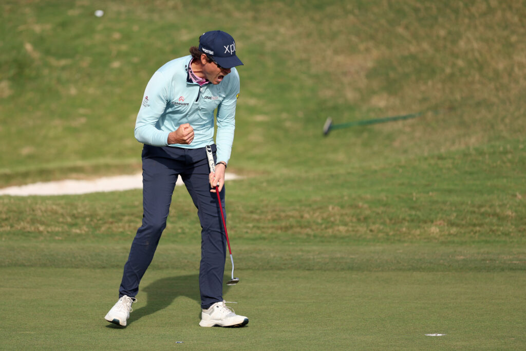 Adam Schenk reacts to making the putt to win the Butterfield Bermuda Championship
