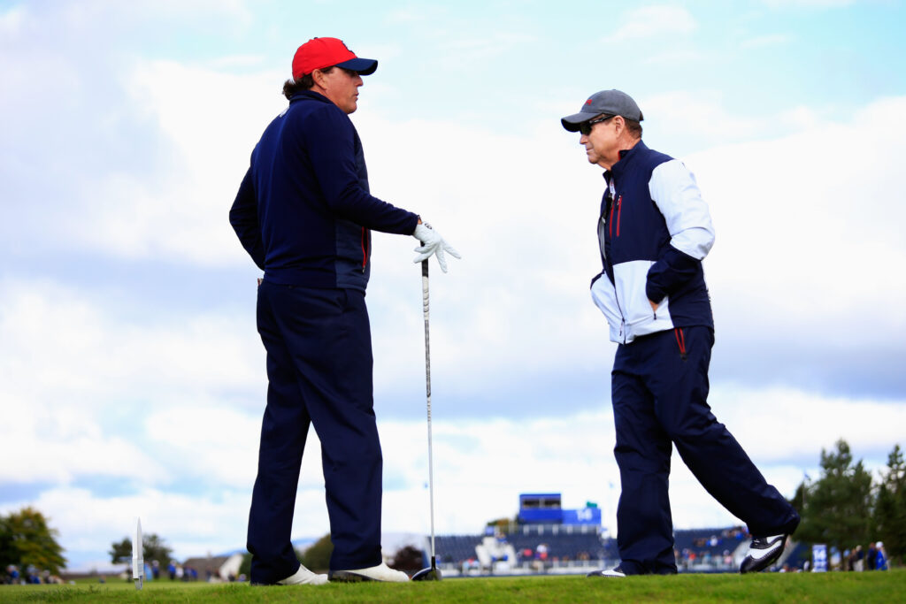 Phil Mickelson and Tom Watson during the practice rounds at the 2014 Ryder Cup