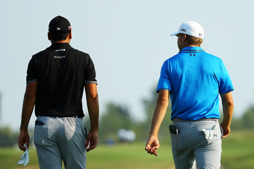 Jordan Spieth and Jason Day chat during the final round of the 2015 PGA Championship