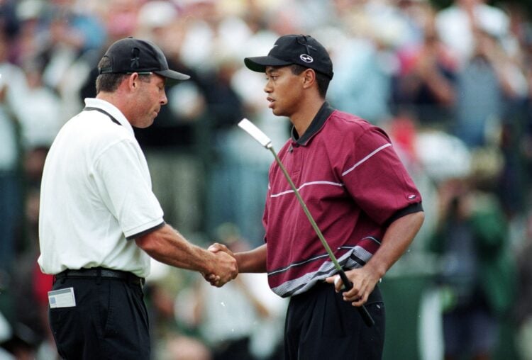 31 Oct 1999:  Tiger Woods shakes hands with Steve Williams during The Tour Championship at the Champions Golf Club (Cypress Creek Course) in Housto...