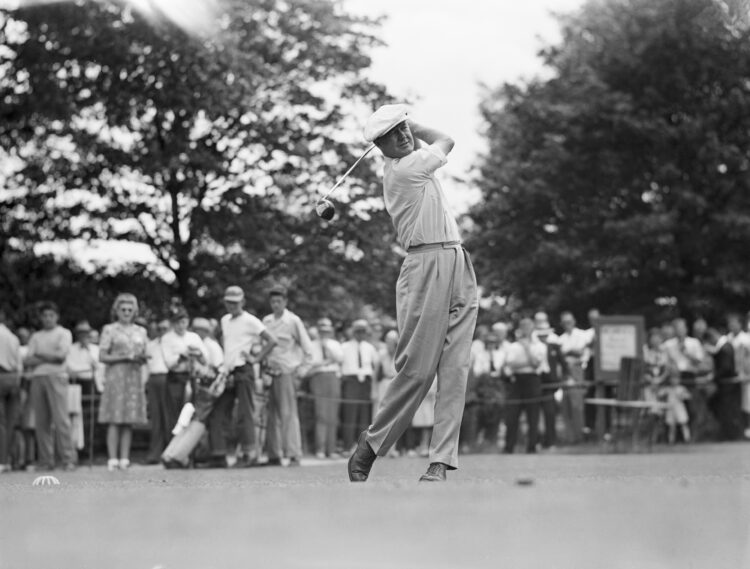 (Original Caption) 6/30/1945-Chicago, Illinois-A favorite in the Victory National Open at Calumet Country Club, Byron Nelson tees off for the first...