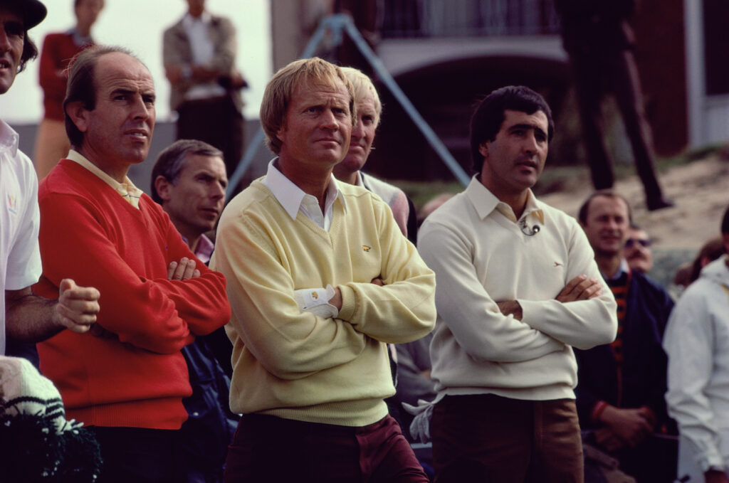 Jack Nicklaus And Seve Ballesteros stand together on the tee box in 1985