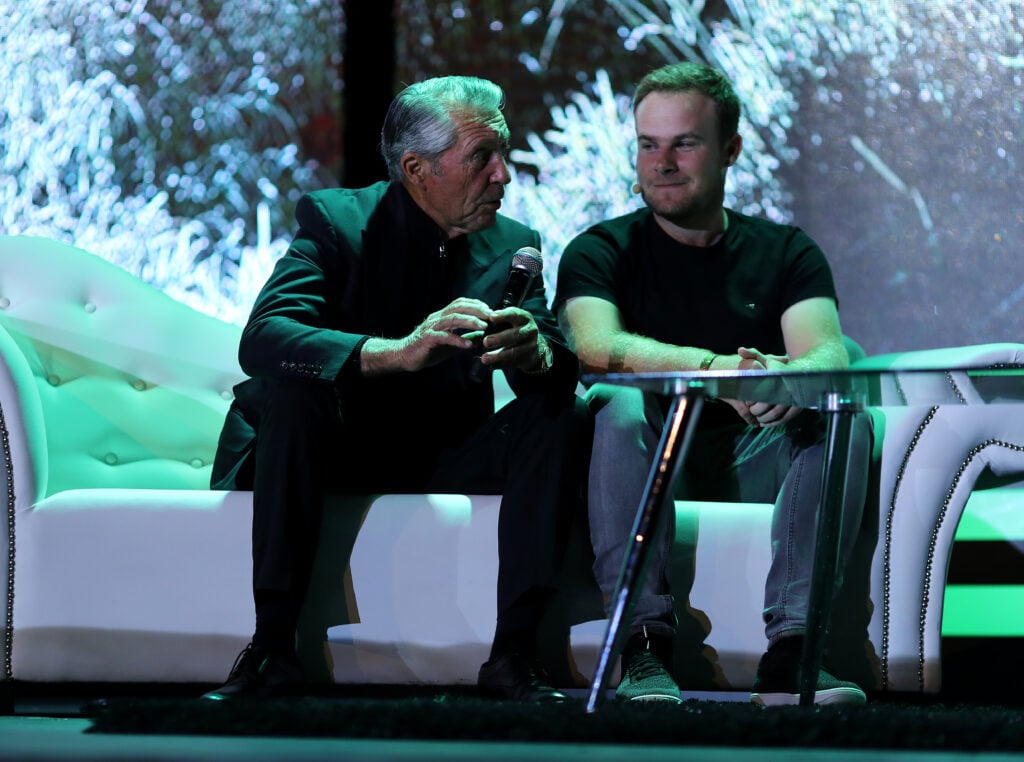 Gary Player and Tyrrell Hatton speak on stage at the Champions Dinner ahead of the 2017 Nedbank Golf Challenge