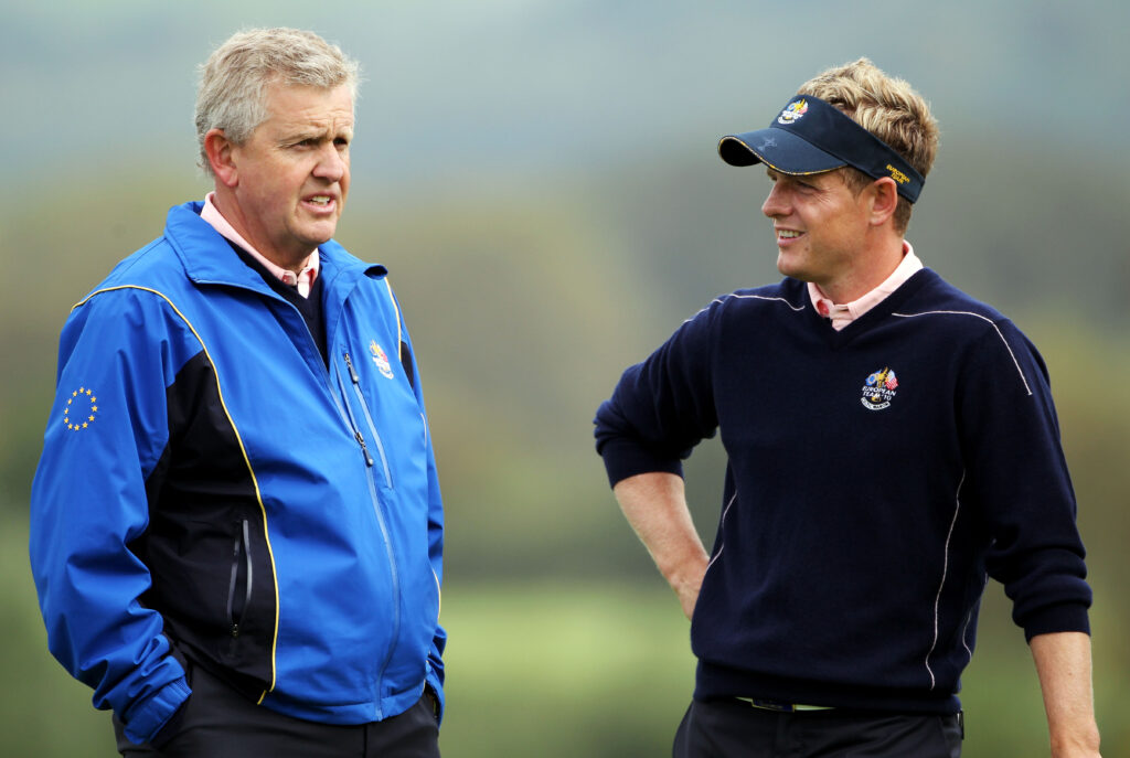 Europe Team Captain Colin Montgomerie with Luke Donald during a practice round prior to the 2010 Ryder Cup at Celtic Manor
