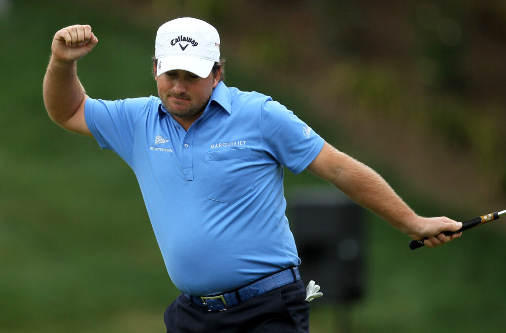 Graeme McDowell celebrates the putt to force a playoff at the 2010 Chevron World Challenge