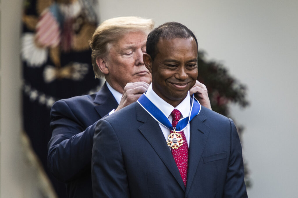 President Donald J. Trump presents the Presidential Medal of Freedom to Eldrick Tiger Woods in the Rose Garden at the White House on Monday, May 06, 2019