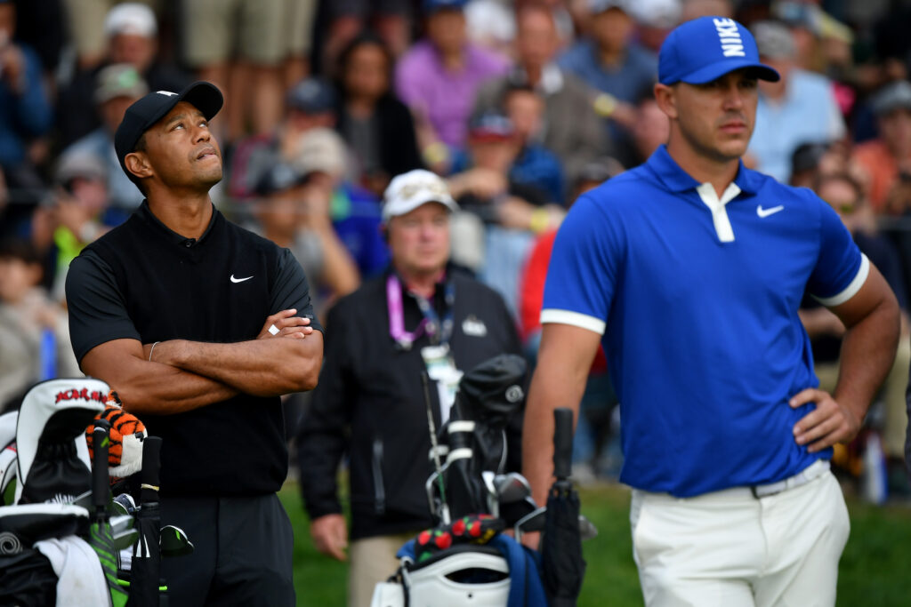Tiger Woods of the United States and Brooks Koepka of the United States prepare to tee off on the 17th hole during the second round of the 2019 PGA Championship
