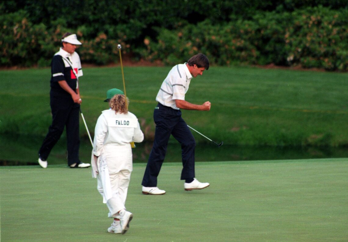 APR 1990: NICK FALDO OF ENGLAND CELEBRATING AFTER VICTORY OVER RAYMOND FLOYD OF USA IN A PLAYOFF FOR THE US MASTERS CHAMPIONSHIP AT AUGUSTA NATION...