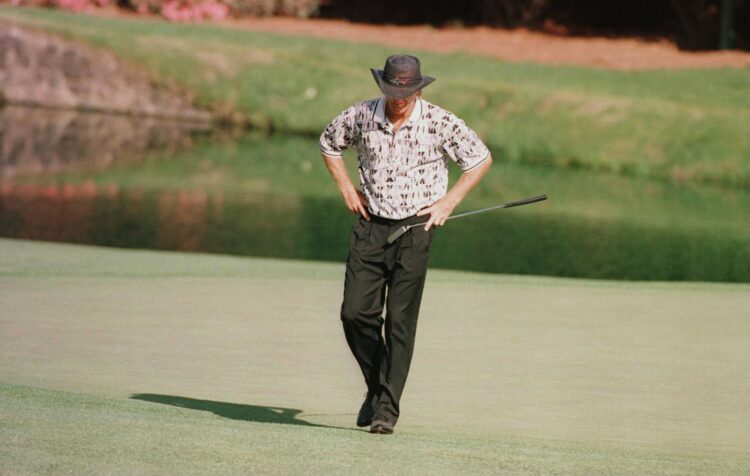 14 Apr 1996:  Greg Norman of Australia looks to the ground in dejection after missing another putt during the final round of the 1996 Masters at Au...