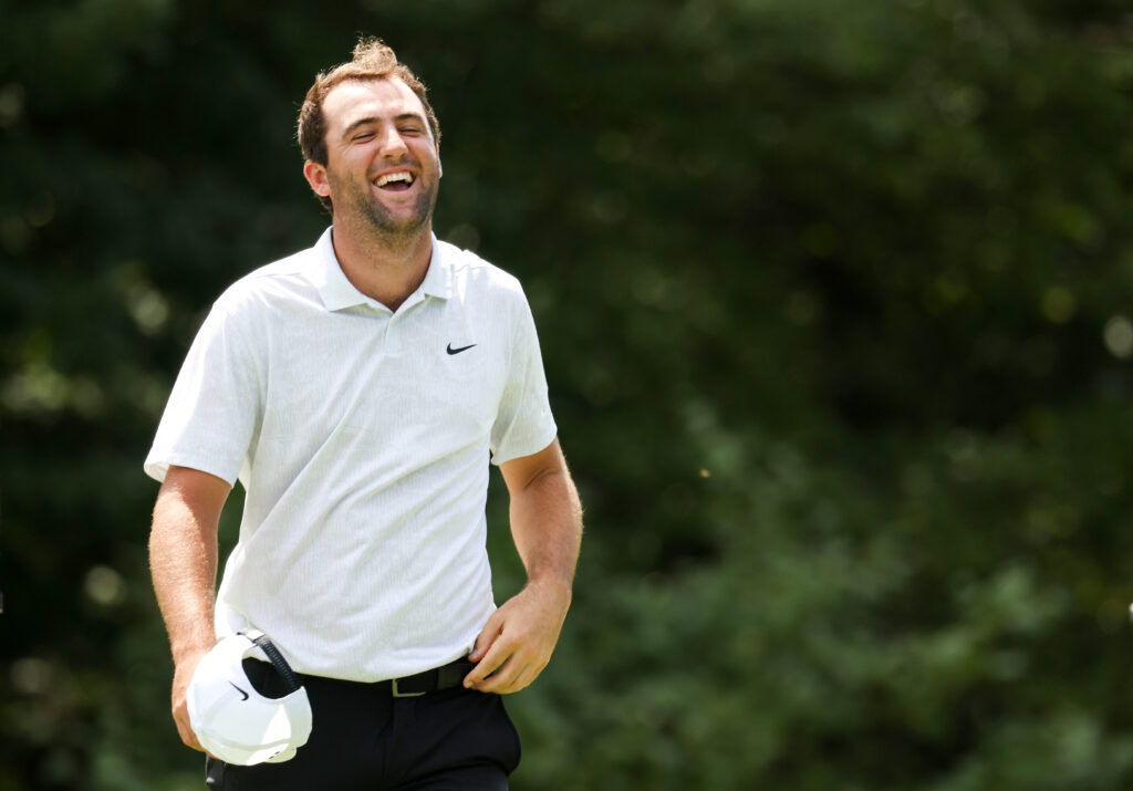 Scottie Scheffler reacts to posting a 59 during the second round of the 2020 Northern Trust