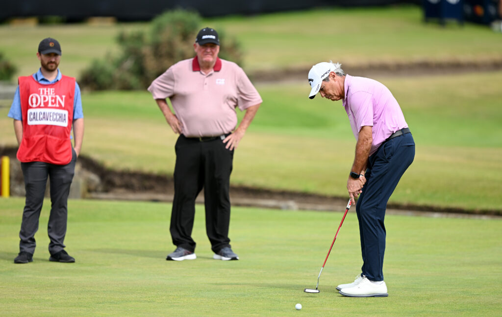 Ian Baker-Finch hits a putt in an event ahead of the 2022 Open Championship