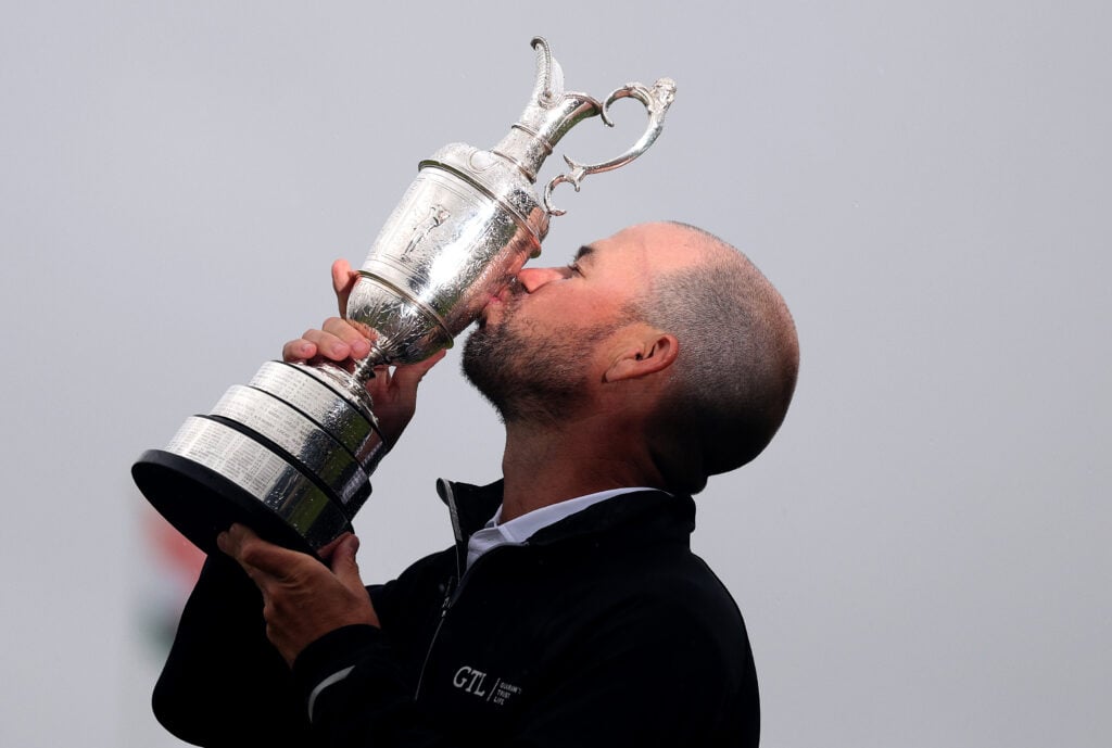 Brian Harman lifts The Open Championship trophy, the Claret Jug after winning in 2023