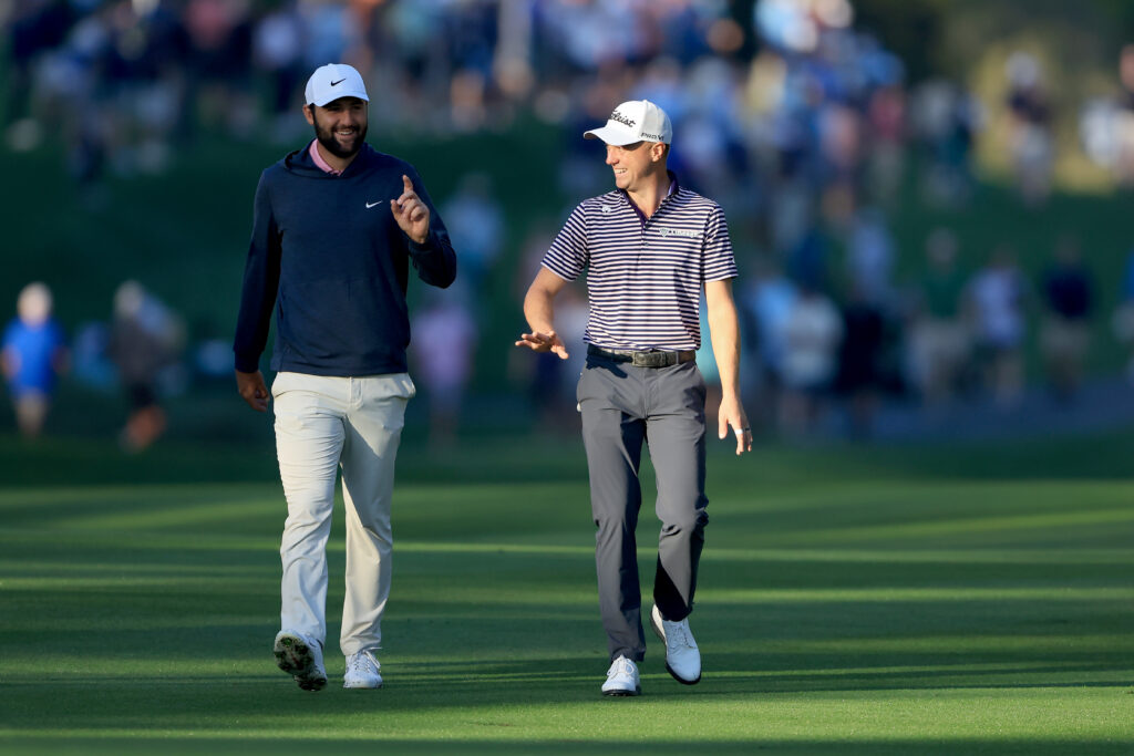 Scottie Scheffler and Justin Thomas speaks during the second round of The Players Championship