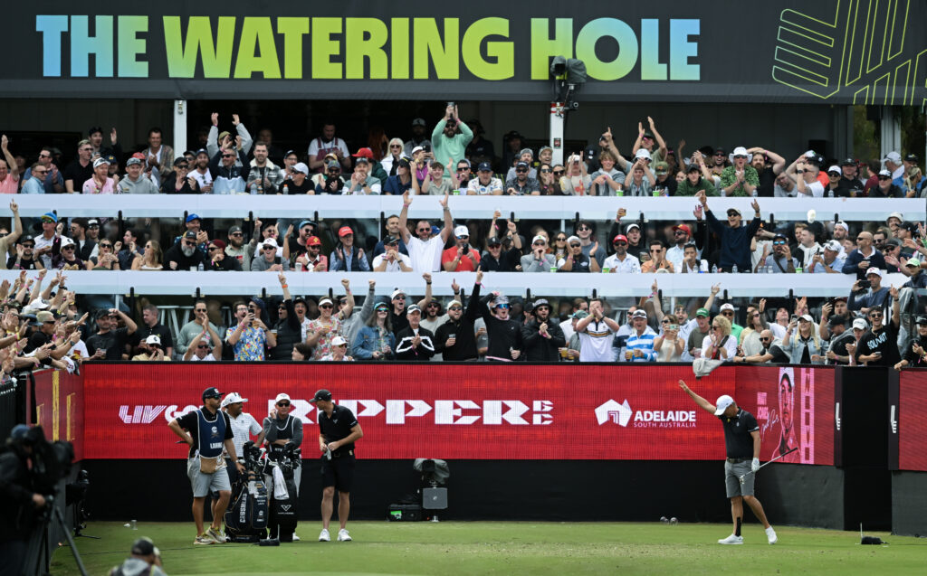 Matt Jones reacts to his shot on the Watering Hole at LIV Golf Adelaide in 2024
